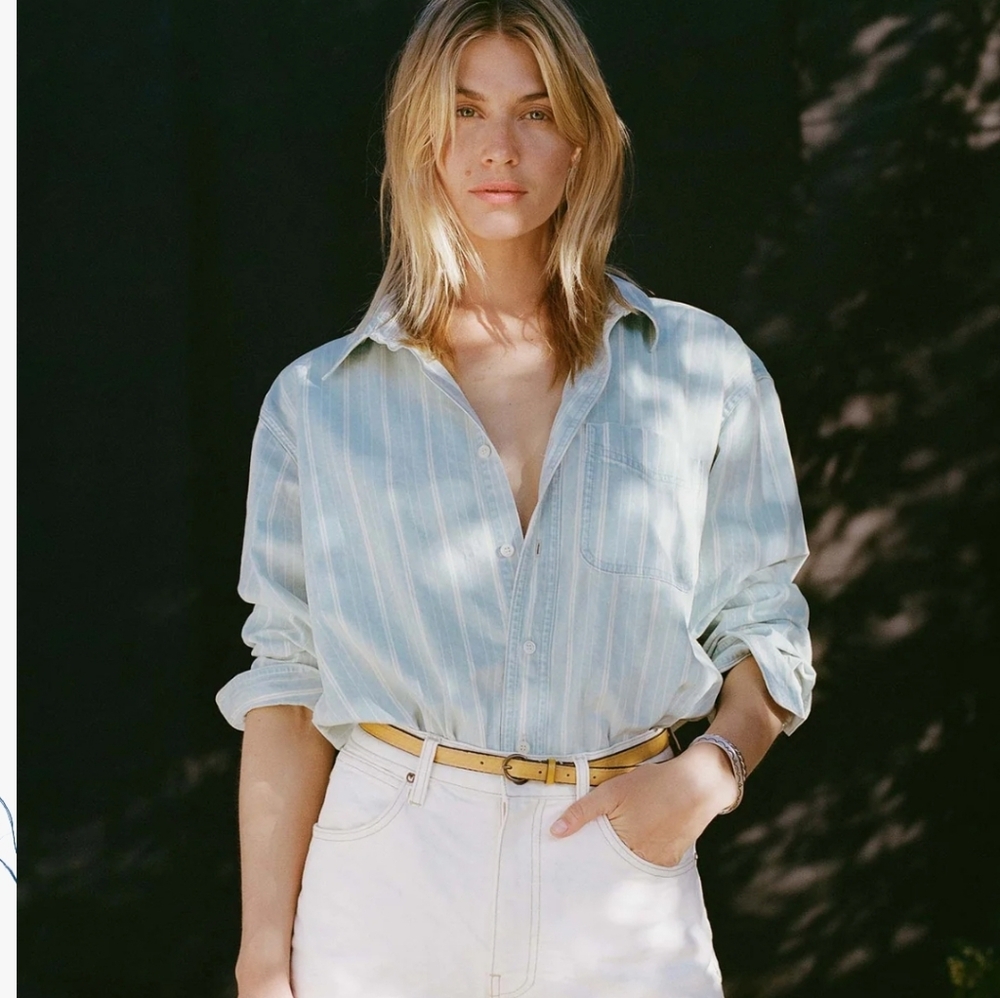 I+W Clyde Button Down Women's XS Faded Denim Stripe
